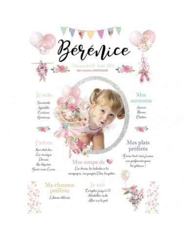 Affiche anniversaire danseuse personnalisée pour votre fille. Un univers de ballerine poétique. français