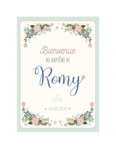 Affiche bienvenue baptême fille, fleurs champêtre. store