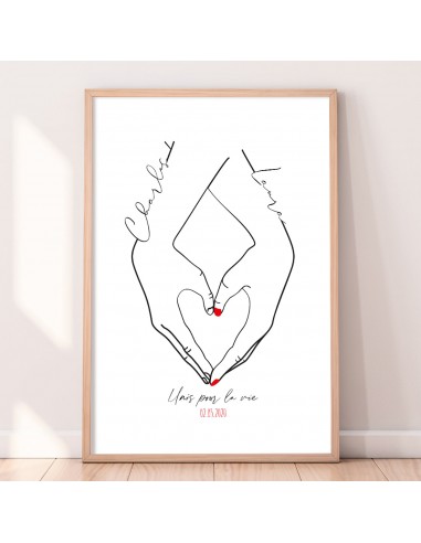 Affiche cadeau couple personnalisée avec votre lieu de rencontre, mains graphiques pas chere