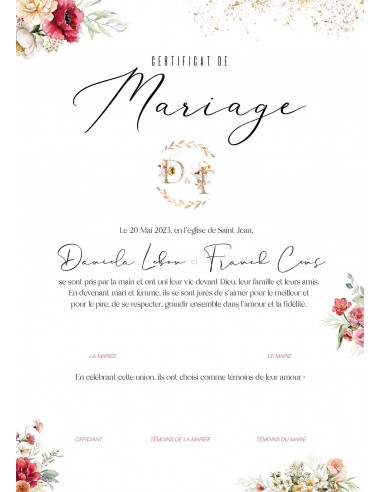 Certificat de mariage personnalisée. Pivoines shop