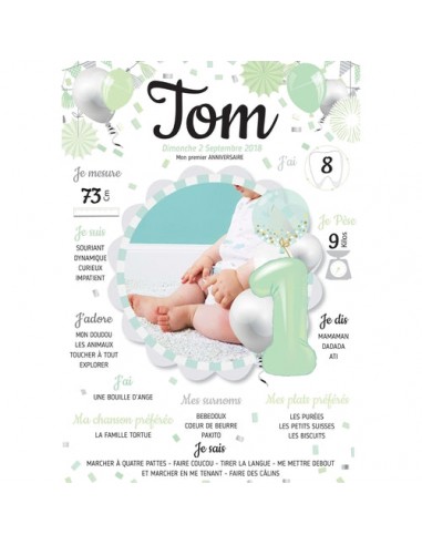 Affiche anniversaire garçon personnalisée vert menthe en linge