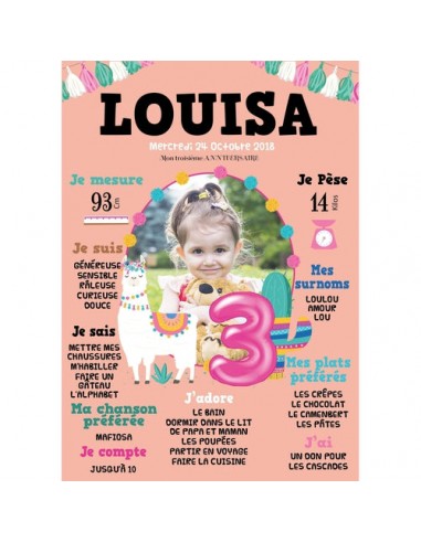 Affiche anniversaire Lama pour fille la livraison gratuite