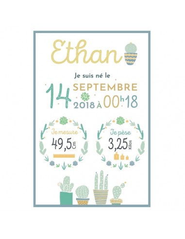 Affiche chambre bébé : l'affiche de naissance cactus personnalisée l'achat 