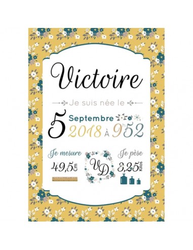 Affiche naissance fille  thème liberty jaune les ctes