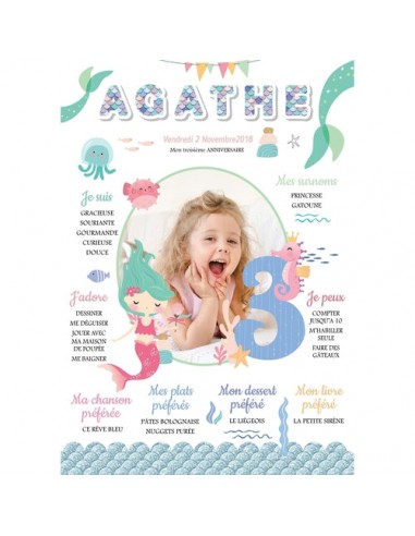 Affiche anniversaire pour enfant  personnalisée - thème sirène prix