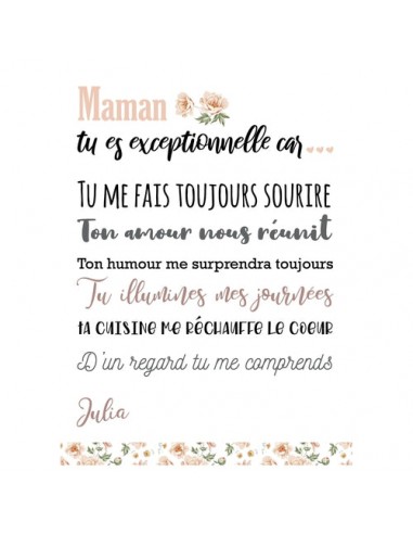 Affiche "Maman tu es exceptionnelle" Collection Fleurs rembourrage situé sous